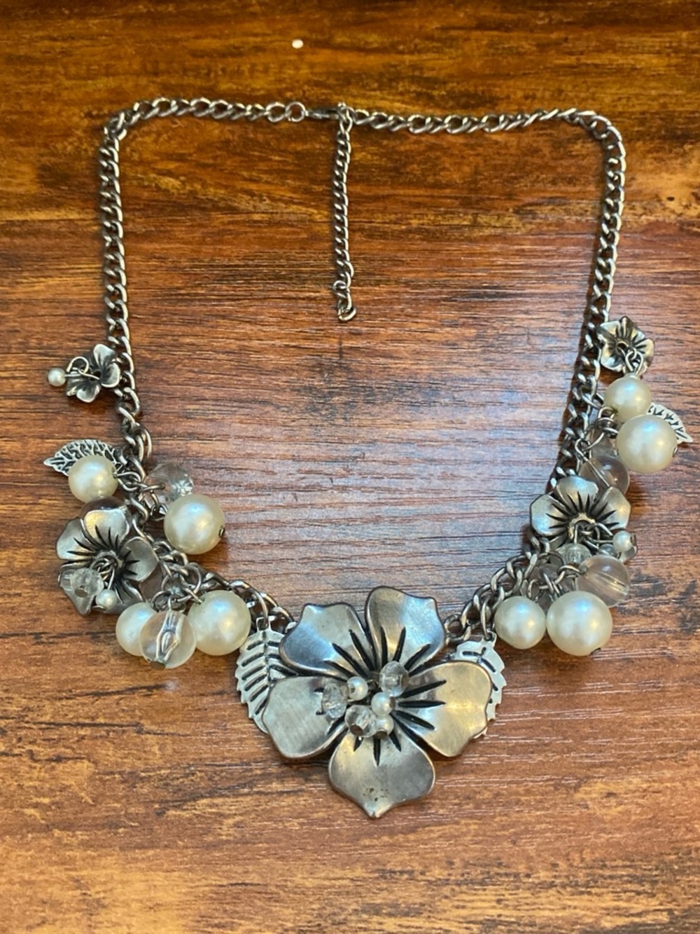 Floral Pearl Accent Statement Necklace - Silver Tone